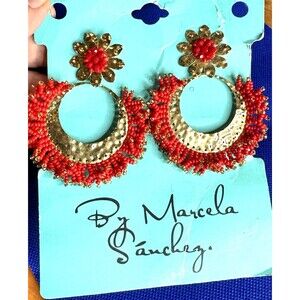 Artisan Hoop earrings Large Gold Copper ToNe Pounded flowers Red red beaded boho